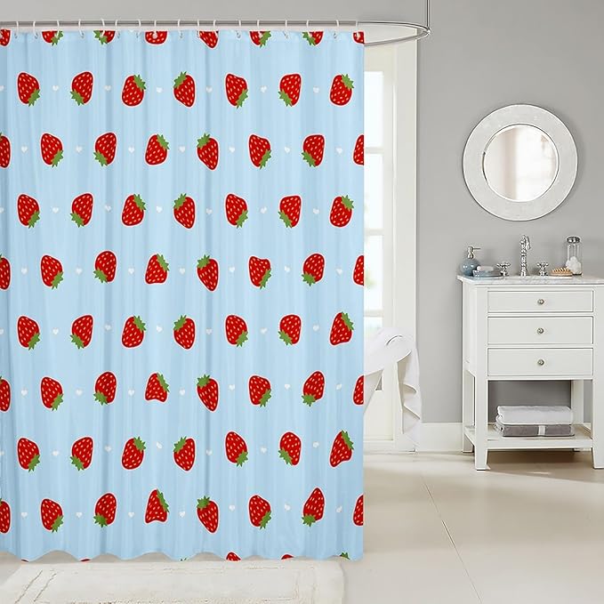 Feelyou Strawberry Fabric Shower Curtain Blue Shower Curtain for Kids Boys Girls Kawaii Fruit Bathroom Waterproof Accessories with 12 Hooks Cute Curtains,72x84 Inches