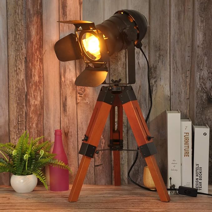 Industrial Tripod Wood Table Lamp for Bedside, Farmhouse Adjustable Height Retro Desk Lamp for Living Room Rotataion Vintage E26 Standing Lighting for Bedroom