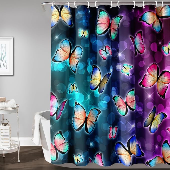 AILONEN Colorful Butterfly Shower Curtains,Gradient Butterfly Bath Curtain for Bathroom Decor,Polyester Waterproof with 12 Plastic Hooks 48" W*72" H
