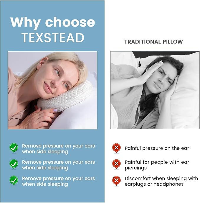 Ear Pillow with Ear Piercing for Side Sleeping, Ear Hole Memory Foam Cooling Pillows for CNH and Ear Pain Ear Inflammation Pressure Sores, Travel, White