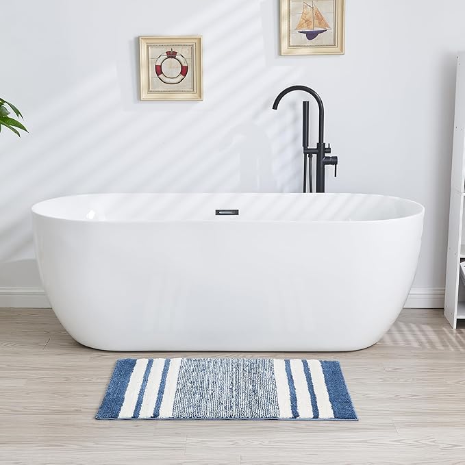 CozeCube Blue Striped Bath mats for Bathroom Non Slip, Fluffy Absorbent Microfiber Bath mat Washable, Aesthetic Bathroom Rugs, Cute Bath mat for Sink, 20" x 32"