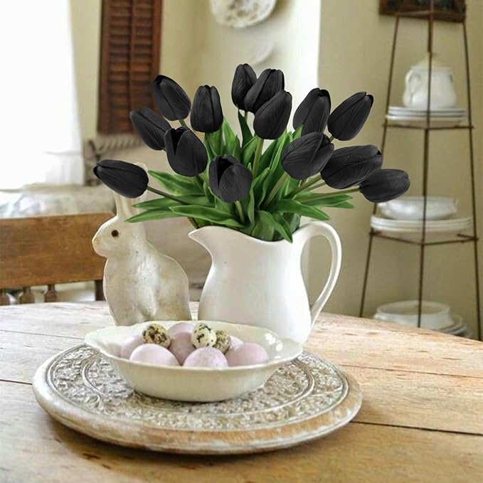 Beferr Black Tulips Artificial Flowers 18pcs Faux Tulip Real Touch Fake Flowers Bouquets for Halloween Easter Gifts Home Party Wedding Table Decorations