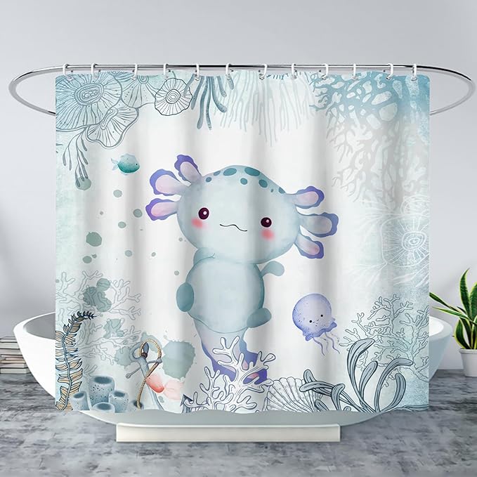AILONEN Cute Axolotl Shower Curtain for Bathroom Teal Blue Ocean Beach Coastal Bath Curtain Decor 36" W*72" H Polyester Fabric Waterproof Bathroom Curtain with Hooks