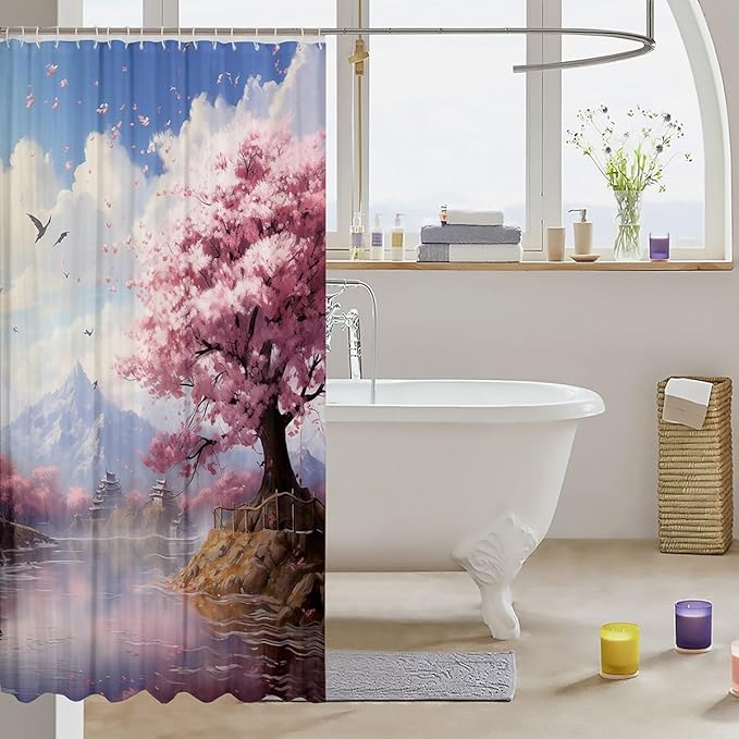 Feelyou Cherry Blossom Fabric Shower Curtain Floral Bathroom Waterproof Accessories with 12 Hooks for Kids Teens Adults Nutrue Theme Shower Curtain Tree of Life Curtains,72x72 Inches