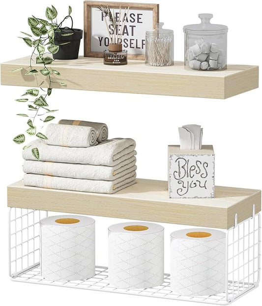 QEEIG Bathroom Shelves Over Toilet - Wall Mounted Floating Shelves Toilet Paper Storage Small Farmhouse Decor Shelf 16 inch Set of 2, Natural (019-BNW2)