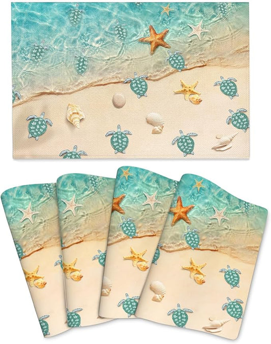 Sea Turtles Beach Placemats Set of 4 Linen Washable Non-Slip Heat-Resistant Teal Nautical Decorative Kitchen Table Mats for Dining Outdoor Home Decor 12x18 Inch