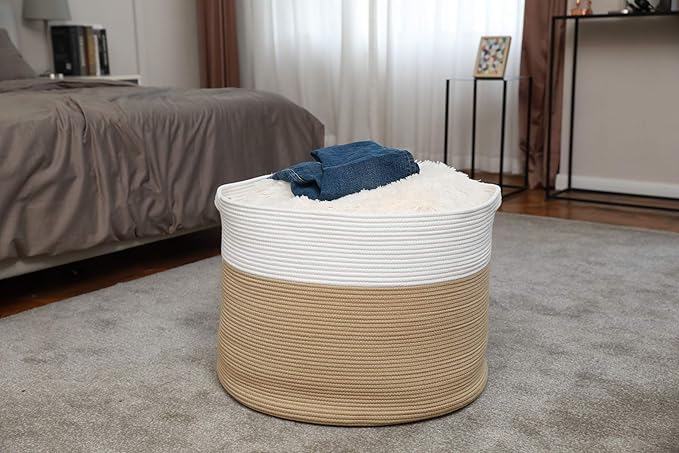 24" x 24" x 17" Max Size Large Cotton Rope Basket, Extra Large Storage Basket, Woven Laundry Hamper, Cloth Storage Bin, for Blankets Clothes Towels Pillows in Living Room, Beige