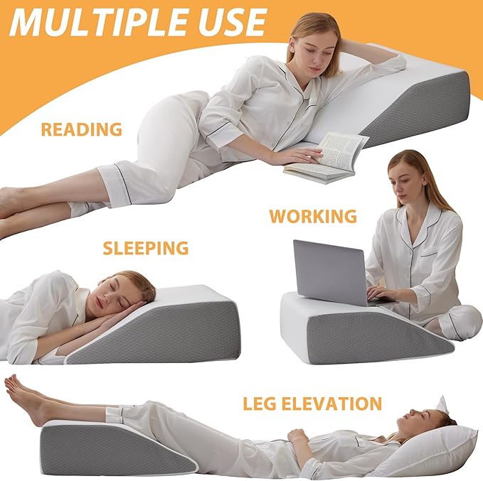 Leg Elevation Pillows, Leg Pillows for Sleeping, Cooling Gel Memory Foam Top, Wedge Pillow for Legs, Leg Wedges for Circulation, Swelling, After Surgery - Removable Cover (10 Inch, White/Grey)
