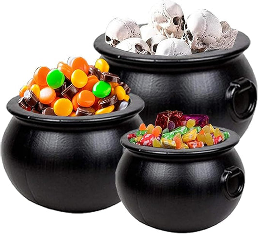 PMU 3pc- 18",16",12" Inch Halloween Cauldron Pot Kettle, Black Plastic Witch Cauldron Kettle, Halloween Party Decorations