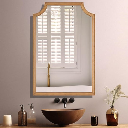 WallBeyond Scalloped Wood Mirror for Small Bathroom Vanity 20x30 Inch Rectangle Wall Mirror Decor for Hallway Bedroom Living Room Home (Natural)