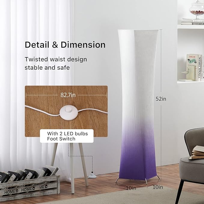chiphy Floor Lamp, 52" Tall Standing Lamp, 3 Levels Adjustable Brightness LED Bulbs, Column Floor Light, Purple Gradient Fabric Lampshade, Home Decor for Living Room, Bedroom, Kids Room