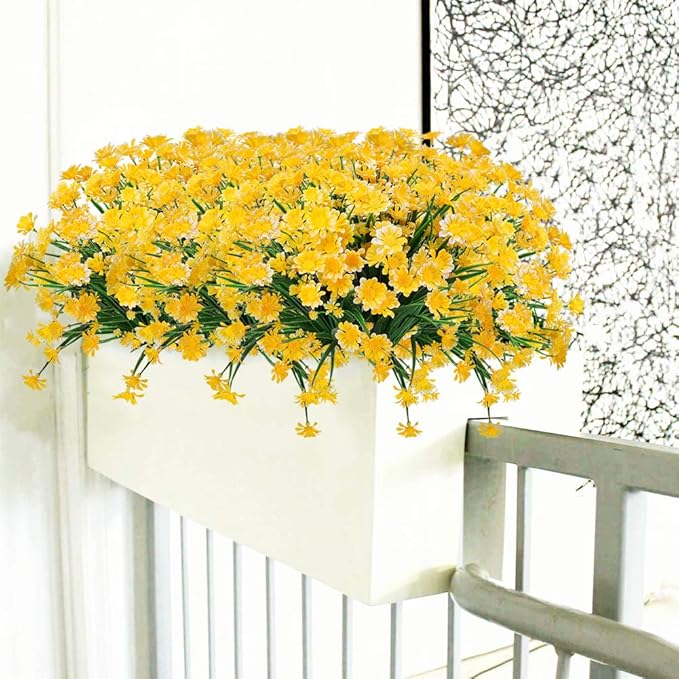 8 Bundles Artificial Daisies Flowers Outdoor UV Resistant Fake Foliage Greenery Faux Plants Shrubs Plastic Bushes for Window Box Hanging Planter Farmhouse Indoor Outside Decor(Yellow)