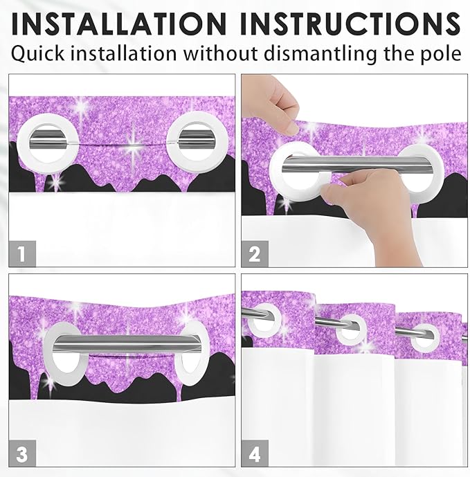 Purple Lips No Hook Shower Curtain with Snap in Liner, Diamond Glitter Get Naked Black Bath Curtain with Double Layers Waterproof Fabric and Mesh Top Window 71x74 Inch