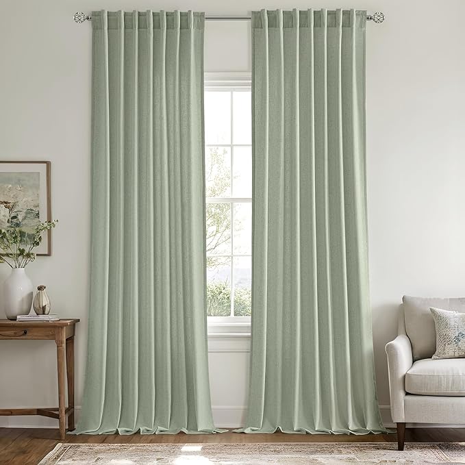 MIULEE Non-See-Through Privacy Linen Curtains 2 Panels, Light Filtering Window Curtains Farnhouse Textured Back Tab Semi Sheer Drapes for Bedroom Living Room, 52 x 108 Inches Long, Sage Green