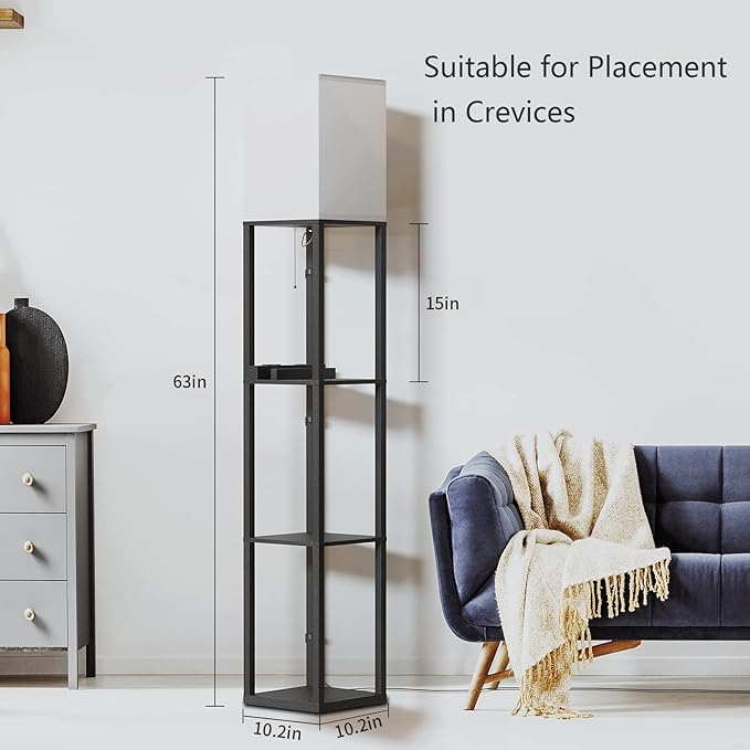 SUNMORY Shelf Lamp with Remote Control, Stepless Color Temperature & Dimmable, Floor Lamp with Shelves with 2 Usb Charging Ports and 2-Hole Socket, Solid Wood Tall Lamps for Living Room, Bedroom，Black