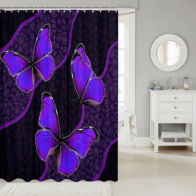 Feelyou Butterfly Shower Curtain 72"x84" Kids Butterflies Botanical Floral Print Bathroom Shower Curtain Set for Boys Girls Teens Geometric Stripes Bath Curtain Purple Bathroom Accessories