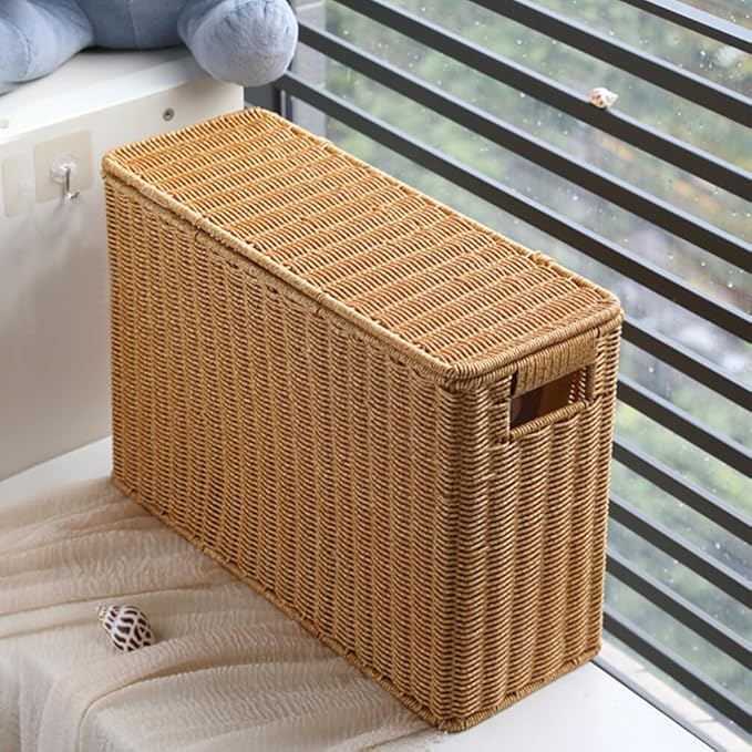jojofuny Wicker Storage Baskets with Lids, Rattan Magazine Holder, Weave Sundries Basket, Woven Storage Container, for Storage, Living Room, Toy Organizing