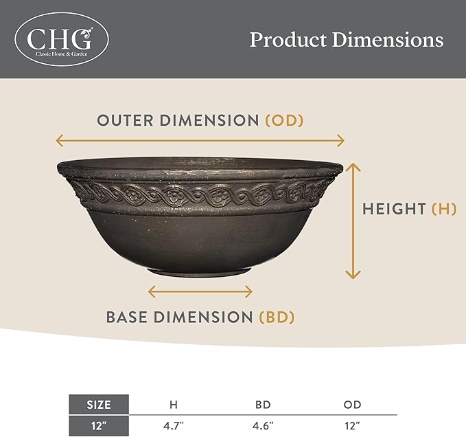 Classic Home and Garden Corinthian Shallow Planter with Drainage - Decorative Garden Bowl Planter for Succulents, Flowers, & More - UV Resistant Wide Plant Bowl for Indoors/Outdoors (12” Ivory Ash)