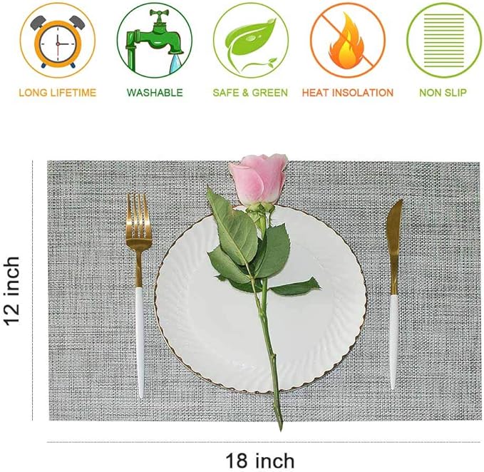 GIVERARE Placemats Set of 6, Heat-Resistant Woven Vinyl Place Mat, Non-Slip Washable PVC Table Mats, Easy to Clean Premium Plastic Place at for Dining, Kitchen Table (Smoky Gray)