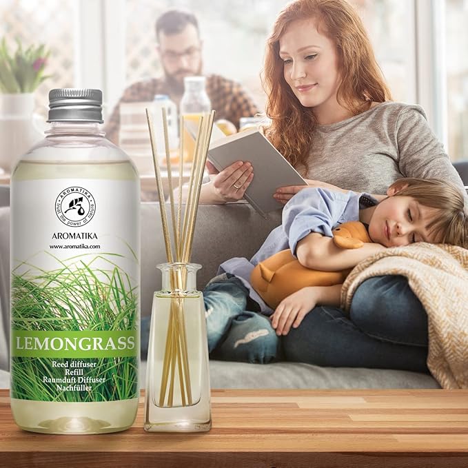 Lemongrass Diffuser Refill 34 Fl Oz (2x17 Fl Oz) - Fresh & Long Lasting Fragrance - Refill with Natural Essential Lemongrass Oil - for Aromatherapy - Spa - Home - Reed Diffuser Oil Refill Lemongrass