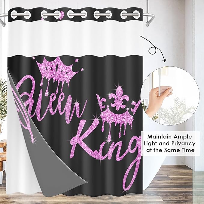 King and Queen No Hook Shower Curtain with Snap in Liner, Black and Pink Glitter Bath Curtain with Double Layers Waterproof Fabric and Mesh Top Window 71x74 Inch