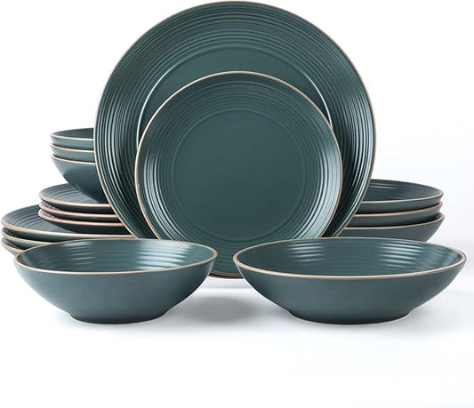 RINGAR Round Stoneware 16pc Double Bowl Dinnerware Set for 4, Dinner Plates, Side Plates, Cereal Bowls, Pasta Bowls - Speckle Matte Green (431952)