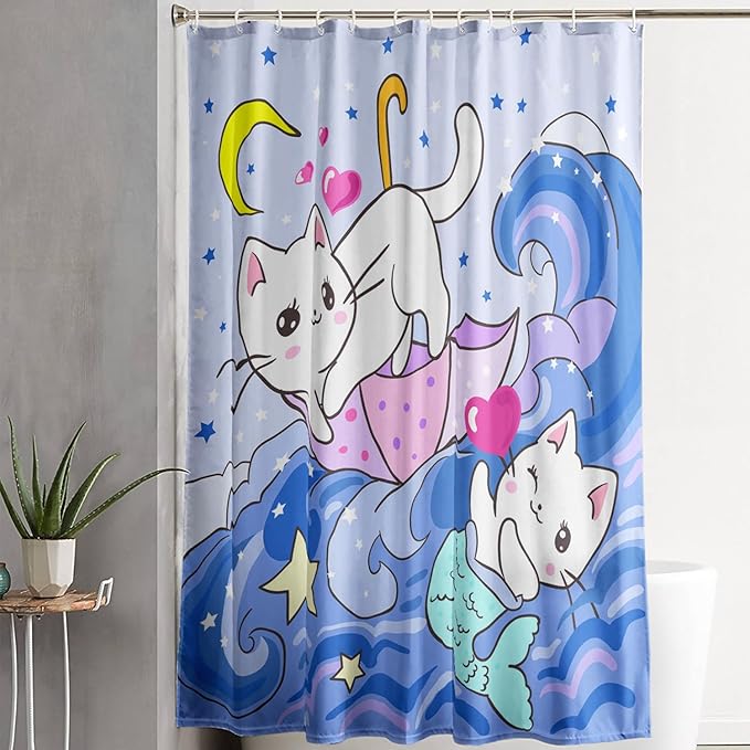 AILONEN Cute Cat Shower Curtain,Kawaii Cartoon Mermaid Kitten Polyester Cloth Bath Curtain Set for Girls Boys,Kittens with Spray Waterproof Shower Curtains for Bathroom, 36" W*72" H Blue