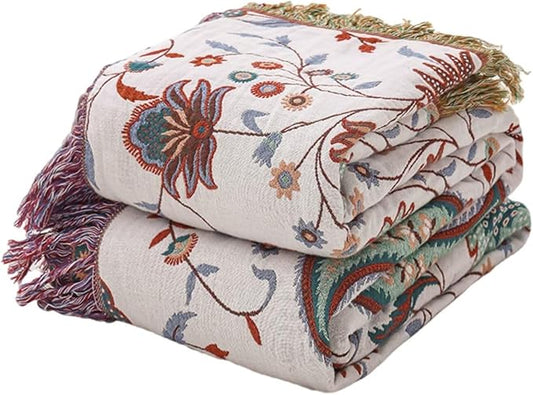 Summer Boho Throw Blankets 90"x98",100% Cozy Cotton Cotton Blankets for Travel, Picnic, Reversible Lightweight Farmhouse Muslin Blankets for Bedroom,Home Decor