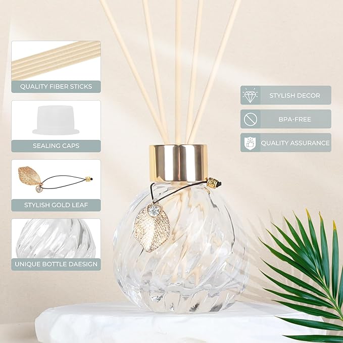 4-Piece Reed Diffuser Set with Metal Golden Decoration, 3.5-4.2oz Empty Bottles and 20 Reed Sticks, Unique Design for Home and Office (4 Different Bottles)