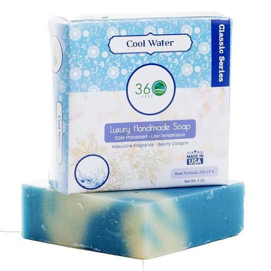 360Feel Cool Water Soap - Handcrafted Castile Natural Soap Bar with Soothing Scent - Handmade with Essential Oils - Ideal Gift for Anniversaries, Weddings and Holiday Stockings - Rich Lather - 5 Ounce