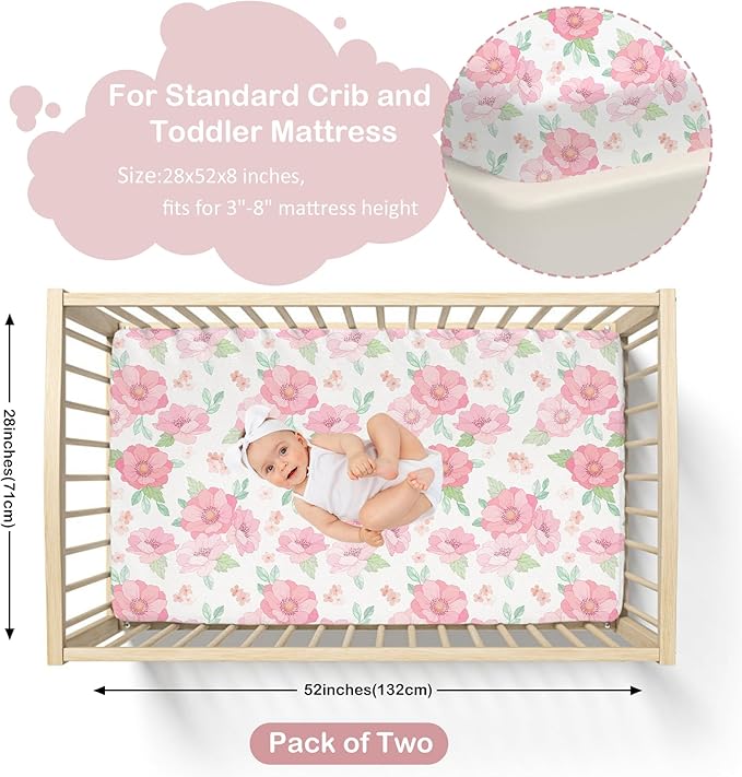 Baby Crib Sheets for Girls,2 Pack 28?x52?x8??Fitted Crib Sheets for Standard Crib and Toddler Mattress Soft Microfiber Baby Sheets for Crib (Floral White)