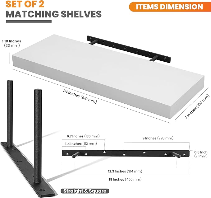 BATODA Set of 2 24" White Floating Shelves Wall Mounted for Bathroom – Wooden Decorative Wall Bookshelf - Storage Shelf Organizer for Home, Bedroom, Kitchen - Black Bracket, Shelving Mounting Included