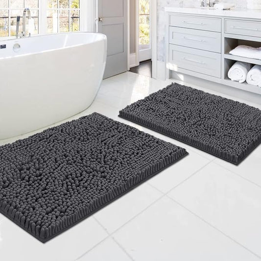H.VERSAILTEX Luxury Chenille Bathroom Rugs - Non-Slip Bath Mats, Extra Soft Absorbent Shaggy, Washable Fast Dry 2 Piece Set (Grey, 20" x 32"/17" x 24")