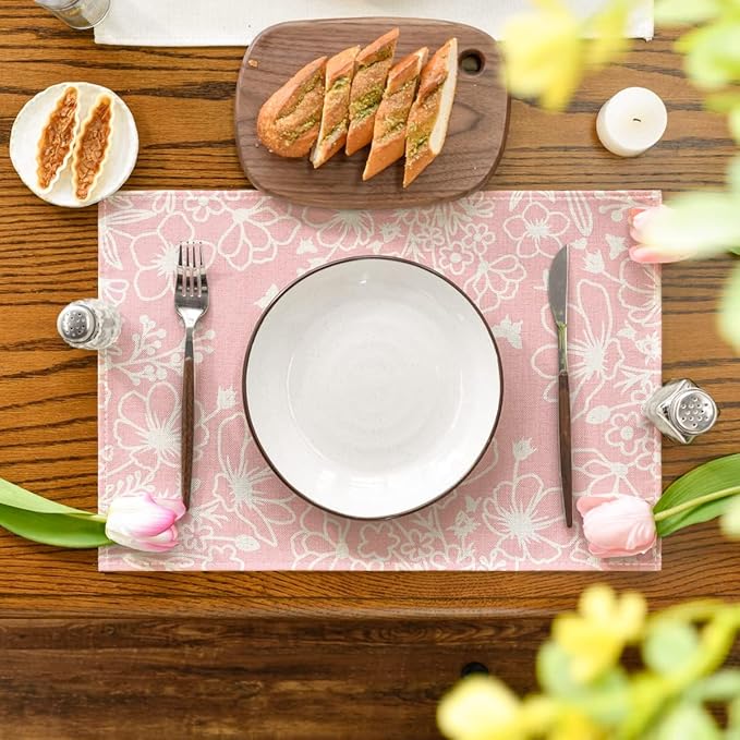 Artoid Mode Pink Bloom Flowers Summer Placemats Set of 4, 12x18 Inch Seasonal Spring Table Mats for Party Kitchen Dining Pink Decoration