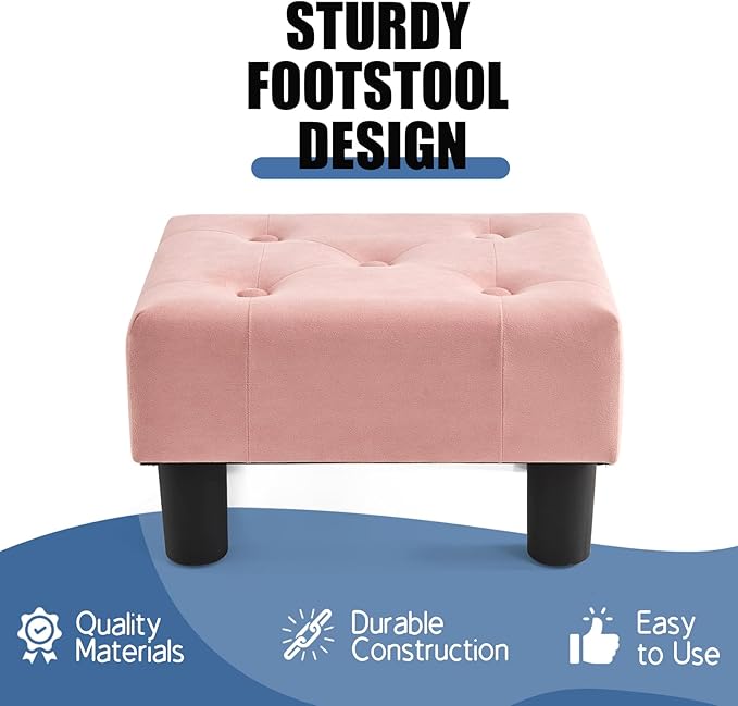 BRIAN & DANY Small Foot Stool, Velvet Foot Stools with Legs, Stable Small Footstool for Living Room, Pink