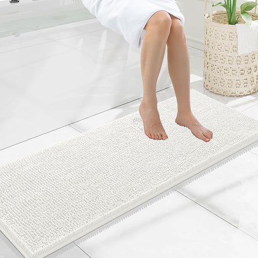 Smiry Luxury Chenille Bathroom Rugs 47x17, Extra Soft and Absorbent Shaggy Bath Mat, Machine Washable, Non-Slip Plush Carpet Runner for Tub, Shower, and Floor, Home Decor Accessories, Ivory