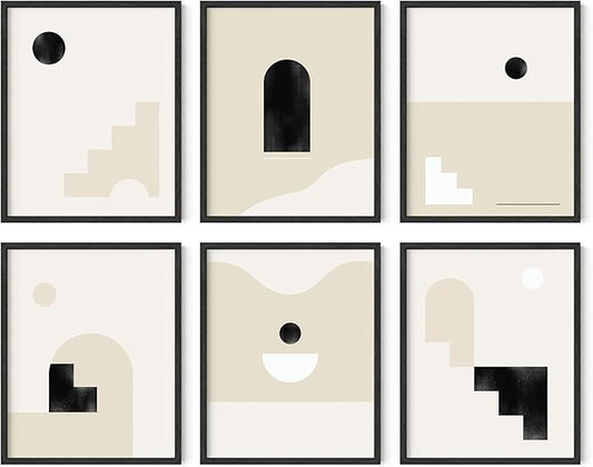 HAUS AND HUES Boho Prints Neutral Wall Art - Set of 6 Mid Century Modern Artwork, Bohemian Posters and Prints, Wall Art Mid Century, Modern Bohemian Posters 16x20 Framed Black