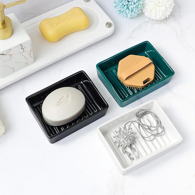 White Ceramic Soap Dish for Shower, Minimalist Soap Dish for Bathroom Sink and Bathtub, Non-Slip Soap Holder with Drainage, Classic Modern Style Soap Bar Tray Adds Beauty to Bathroom