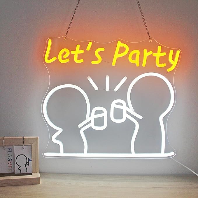 Let's Party Neon Sign - Dimmable neon LED sign with 5V Charger, Original Design for Creating a Happy Atmosphere, Can be used for Birthday Wedding Bars Drink Good Vibes Neon Sign