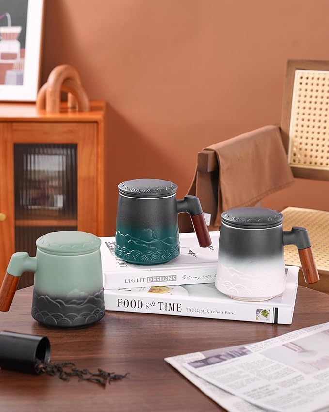ZENS Mug With Infuser and Lid for Loose Leaf Steeper, 16.9oz Embossed Ceramic Cup With Fine Strainers, Wood Handle Large Diffusers, Tea Accessories for Lovers Gifts