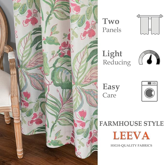 Leeva Green and Pink Hues Print Window Curtains, Leaves Flower Farmhouse Garden Style 84 Inch Long Semi-Blackout Curtain and Drapes for Living Room Guest Room Bedroom, 2 Panels