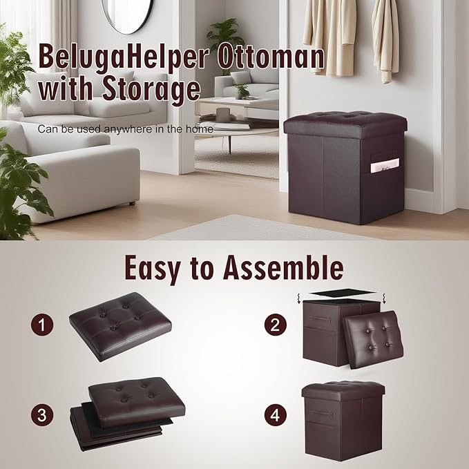 Storage Ottoman, Slim Tall Foot Stool with Thicker Foam Padded Seat. Folding Leather Foot Rest Furniture with Handles & Side Pocket. Ottoman with Storage for Living Room 350 lbs, 17x13x17in, Brown
