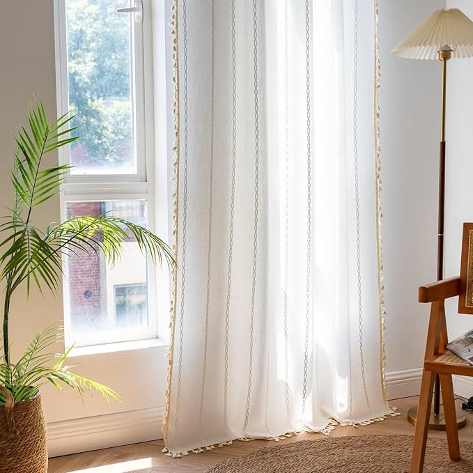 Sutuo Home Boho Curtains 72 Inches Length for Bedroom Living Room,Country Farmhouse Vintage Shabby Chic Tassels Window Treatment Bohemian Embroidery Drape, Rod Pocket 1 Panel 52" W x 72" L, White