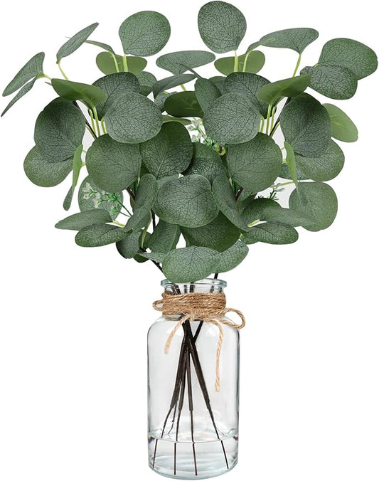 Artificial Eucalyptus Stems in Glass Vase 14" 6Pcs Faux Eucalyptus Branches Home Table Decor Fake Greenery Plants Stems for Farmhouse Wedding Centerpiece Bathroom Decorations