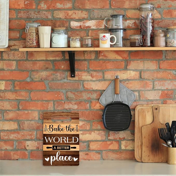 Farmhouse Kitchen Decor, Kitchen Signs Wall Decor, Wall Decor for Kitchen, Bake The World A Better Place Wood Sign, Kitchen Door Wall Hanging Decor, Kitchen Gifts for Women 8 x 12 Inch