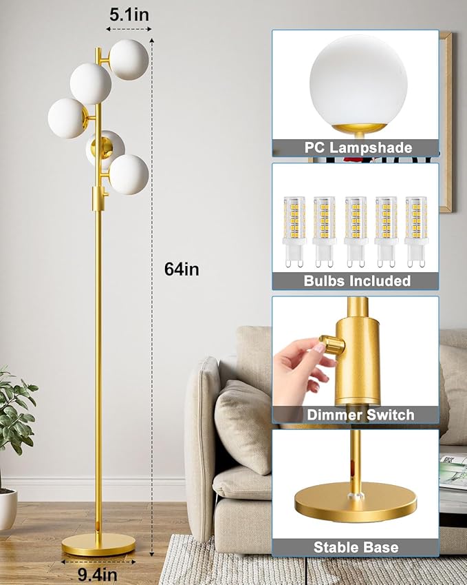 Dimmable Gold Floor Lamp, 64IN Tall Standing Lamps with 5 Globe Soft Warm White Eye Care 3000K G9 Bulbs, Mid Century Modern Floor Lamp for Living Room Bedroom Office