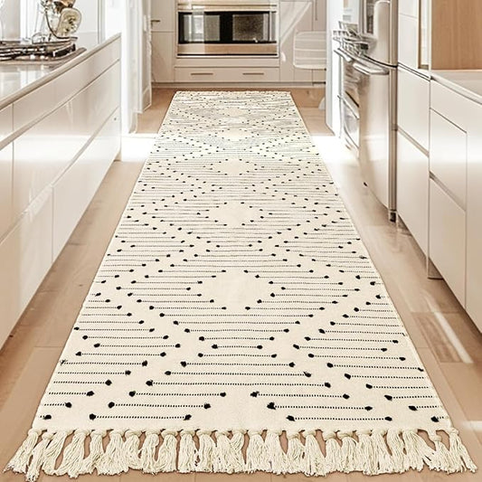 Tritard Boho Runner Rug 2x12 - Washable Extra Long Hallway Rug with Tassel, Thin Woven Farmhouse Kitchen Runner Rugs Cotton Aztec Indoor Low Pile Carpet for Entryway, Laundry, Bathroom, Beige Cream