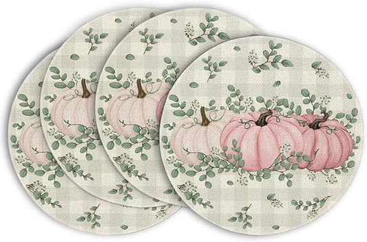 Artoid Mode Pink Pumpkins Fall Round Placemats Set of 4,14 Inch Eucalyptus Thanksgiving Seasonal Round Place Mats for Party Dining Decoration