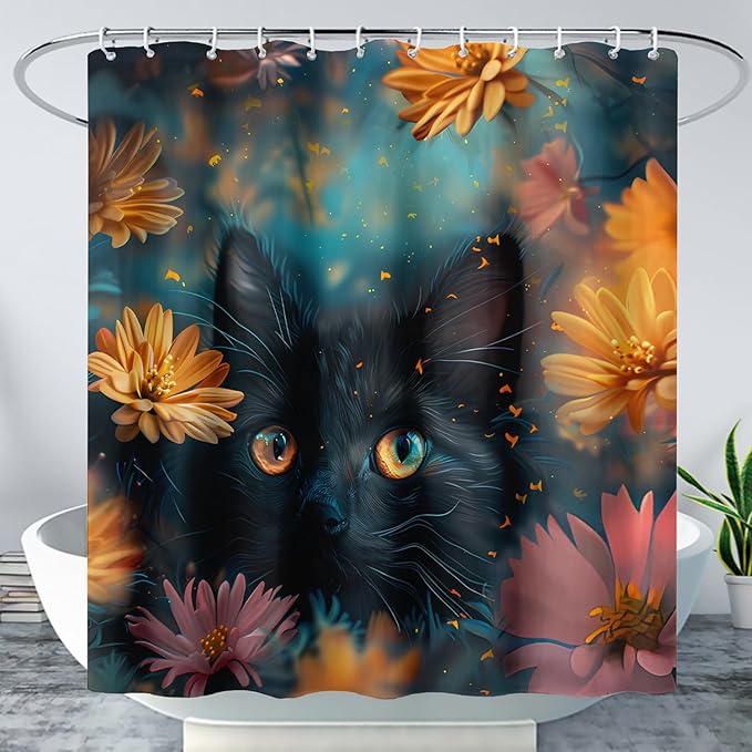 AILONEN Cute Black Cat Shower Curtain Set, Yellow Flower Kitty Cloth Shower Curtain Curtain for Bathroom,Cat Lovers Animal Shower Curtain Liner for Kids Boys Girls,48" W*72" H