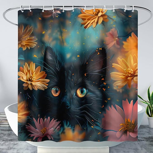 AILONEN Cute Black Cat Shower Curtain Set, Yellow Flower Kitty Cloth Shower Curtain Curtain for Bathroom,Cat Lovers Animal Shower Curtain Liner for Kids Boys Girls,36" W*72" H
